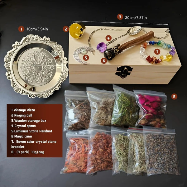 Heksestartkit i trææske med krystaller, urter og sølvplade.