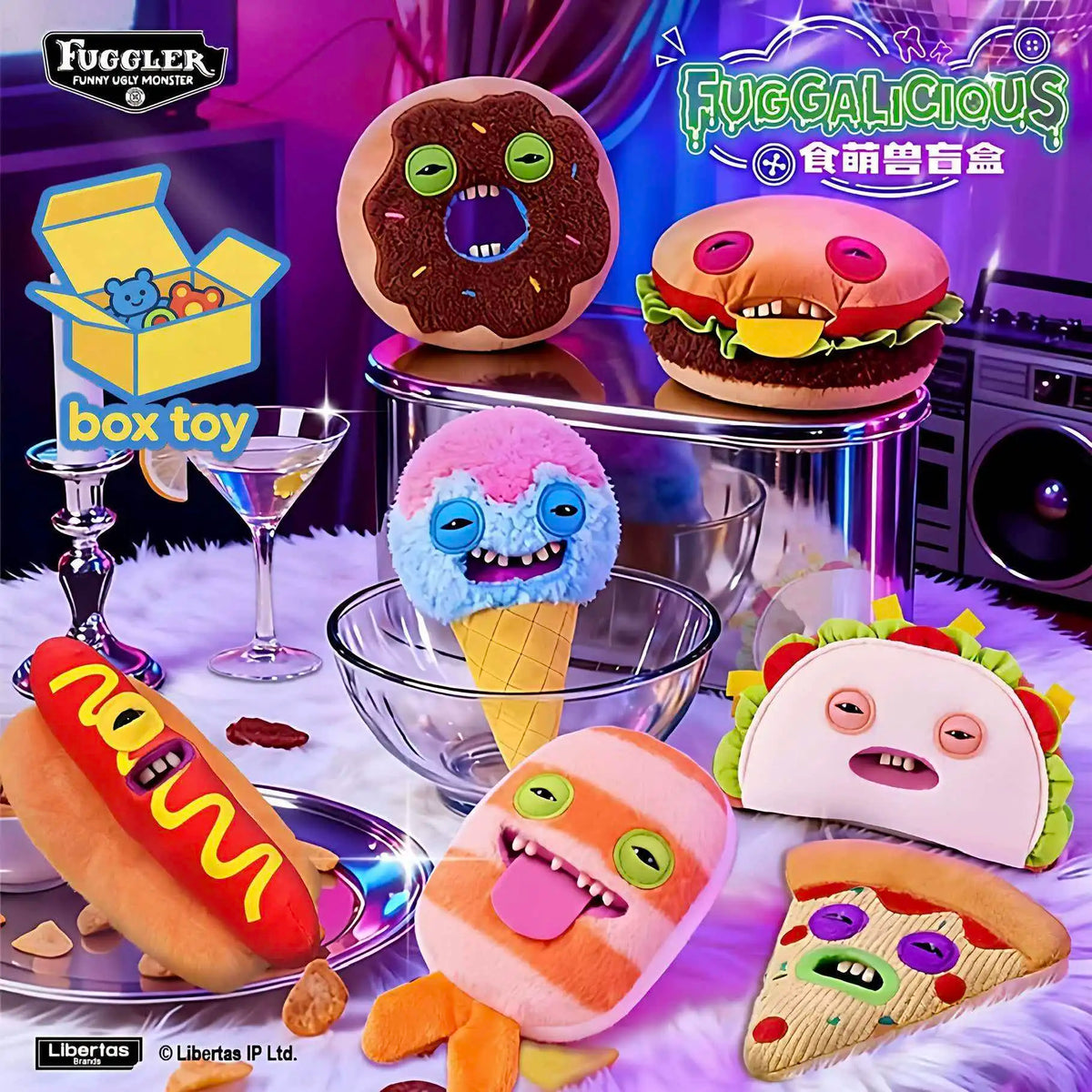 A collection of Fuggler Ugly Cute Monster plush toys and food-themed items including donuts, burgers, and a monster ice cream