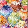 A colorful arrangement of sweet desserts including cupcakes, fruit, and candies for a diamond painting kit.