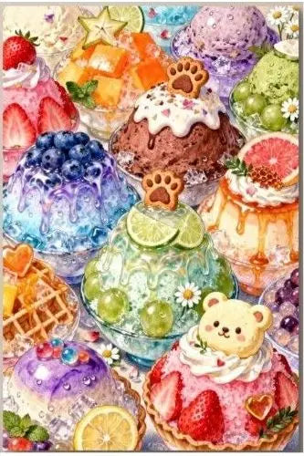 A colorful arrangement of sweet desserts including cupcakes, fruit, and candies for a diamond painting kit.