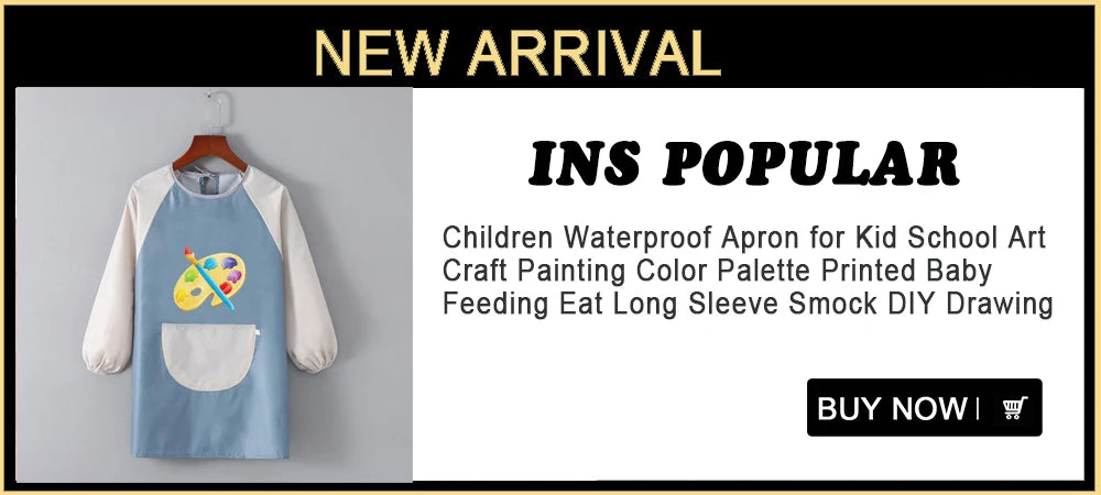 A light blue waterproof long-sleeve smock and dining bib for children, featuring a painted palette design.