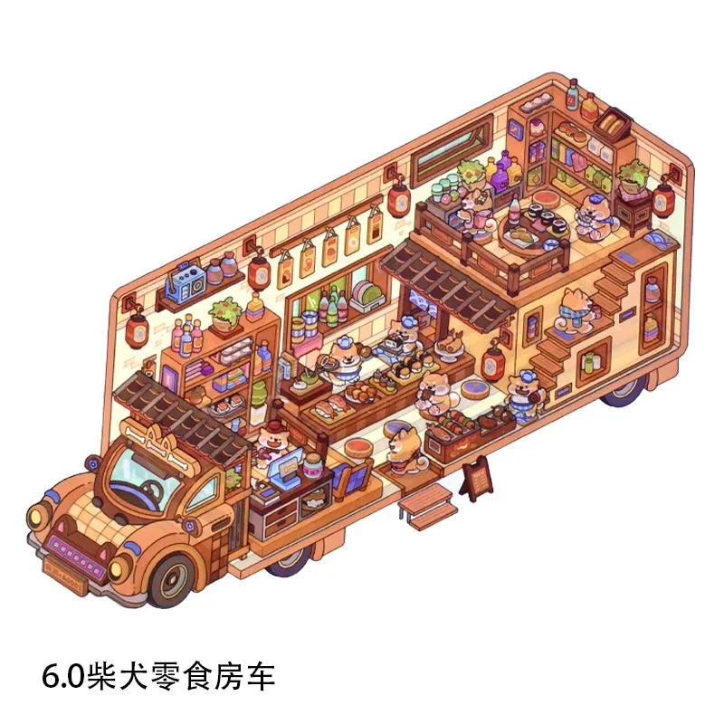 A whimsical cartoon scene of a food truck resembling an RV, featuring various colorful characters and market stalls.