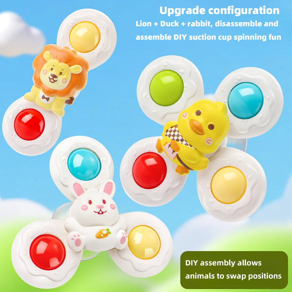 A set of lion, duck, and rabbit silicone bath toys with suction cups for DIY assembly and spinning fun
