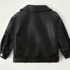 Black faux leather zip-up jacket shown from the back.