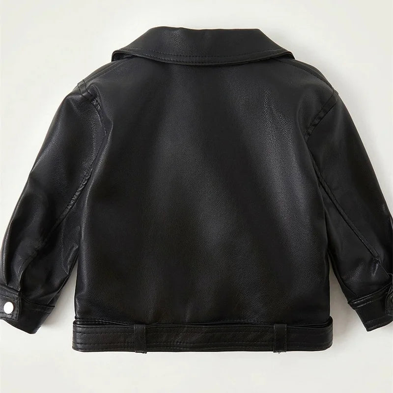 Black faux leather zip-up jacket shown from the back.