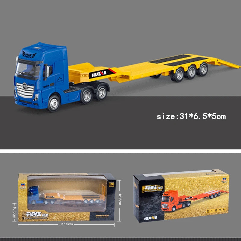 Blue and yellow die-cast toy truck with a flatbed trailer model