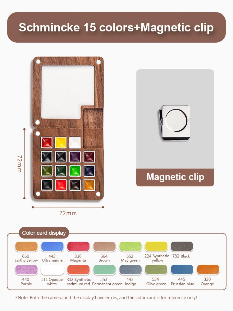 A wooden color card display with 15 colors and a magnetic clip for portable watercolor painting.