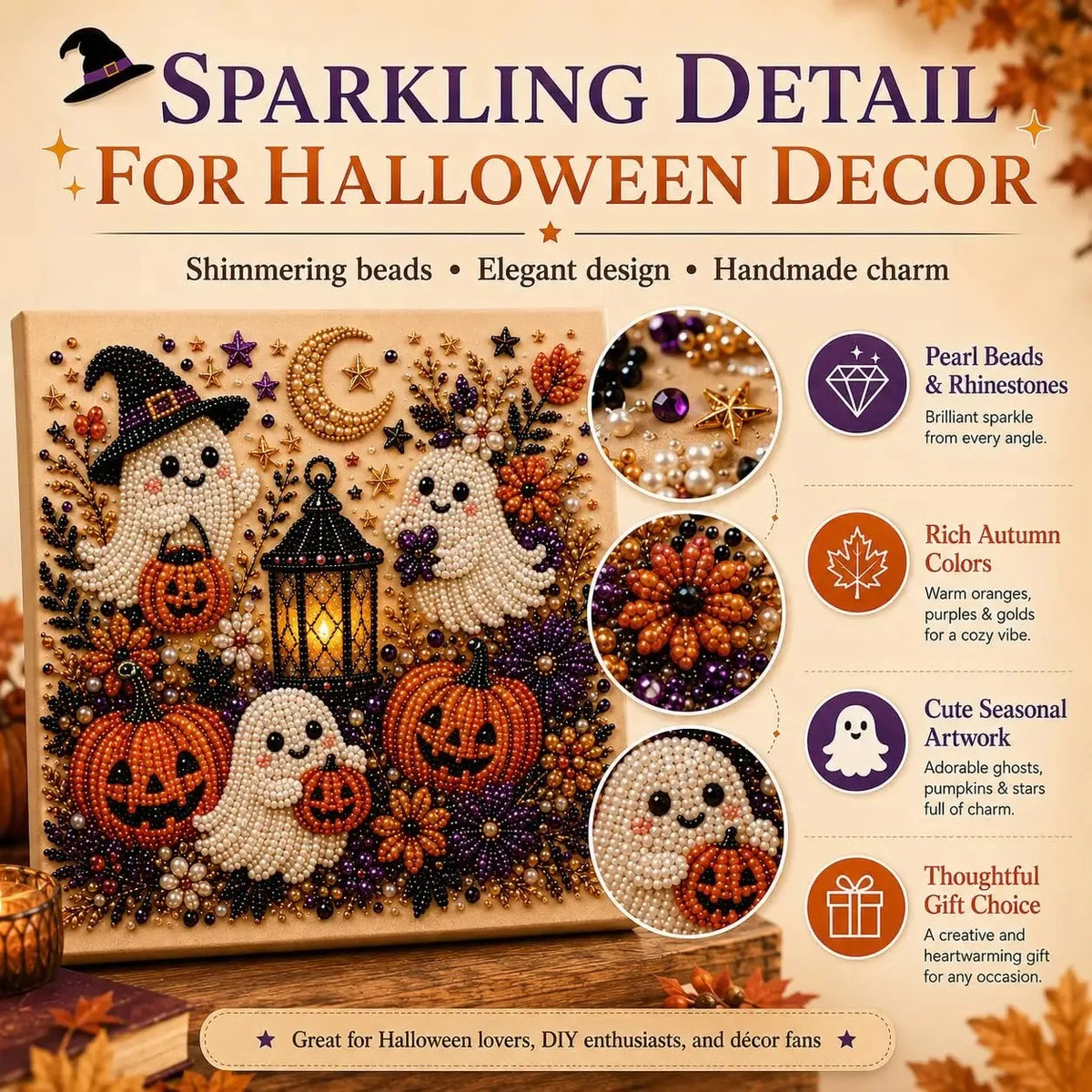 A decorative panel featuring Halloween ghosts and pumpkins made with shimmering pearl beads for seasonal decor