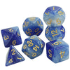 A set of blue galaxy polyhedral dice showing various numbers and cosmic effects.