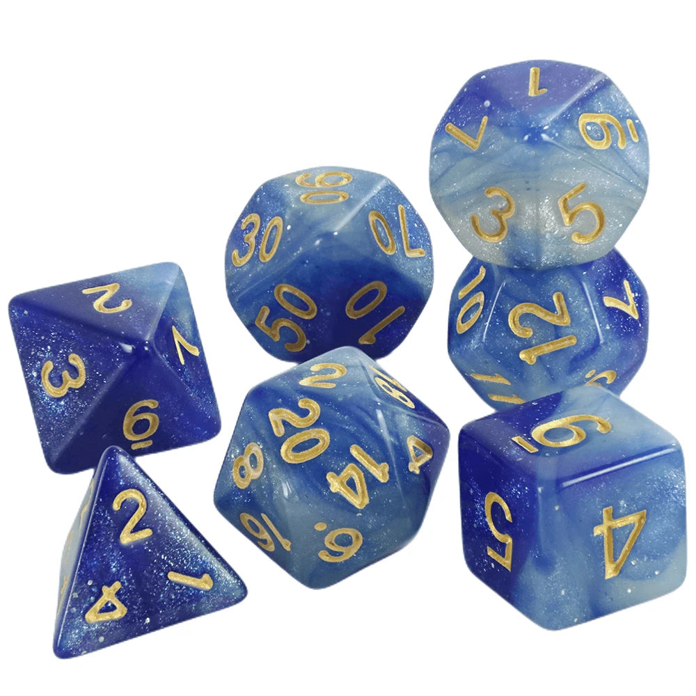 A set of blue galaxy polyhedral dice showing various numbers and cosmic effects.