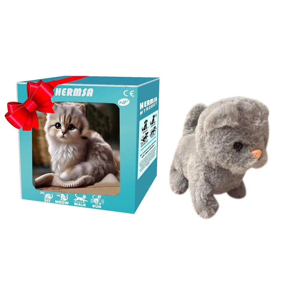 A grey plush robot puppy toy with walking and barking features is shown next to its packaging box.