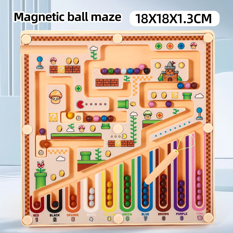 A magnetic ball maze puzzle board with various colored balls and pathways for children.