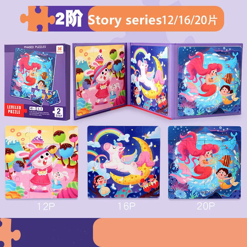 A set of three magnetic puzzle books featuring themes like vehicles, ocean life, and dinosaurs for children.