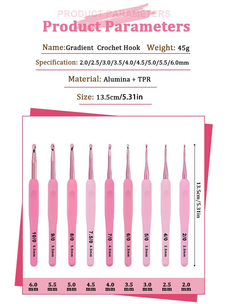 Pink Aluminum Crochet Hook Set – 9 Sizes (2.5–6.0mm)