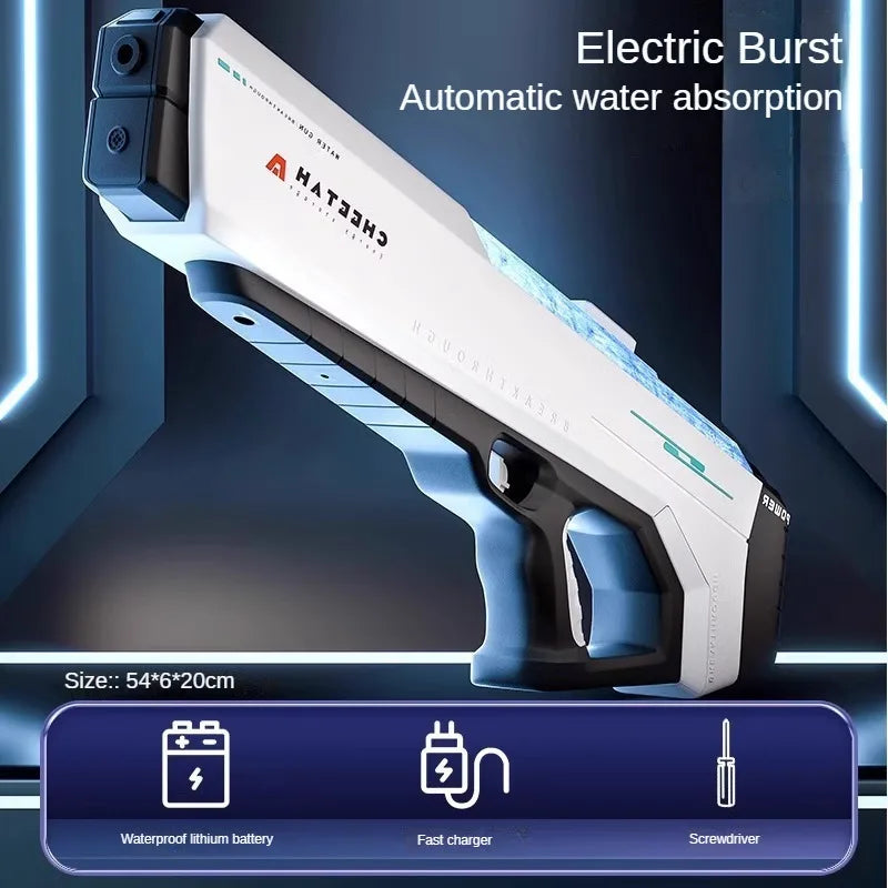 A white electric burst water gun is shown against a dark background, highlighting its features like a waterproof lithium batt