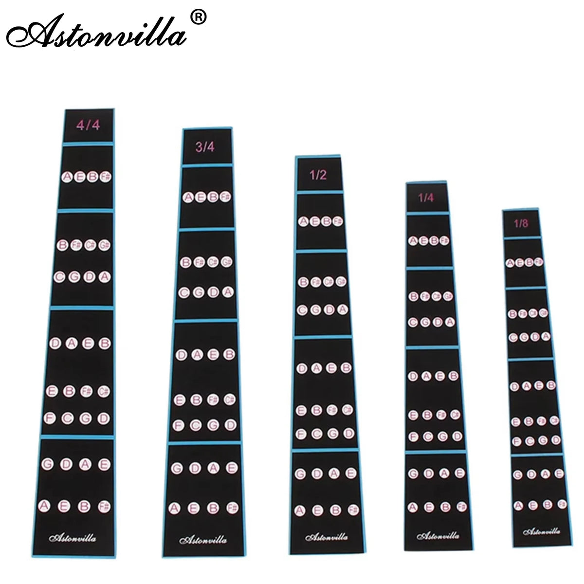 A set of violin fretboard note stickers for beginners showing various musical notes.
