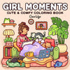 A cute coloring book featuring various animals and cozy scenes like a cat, dog, and plants.