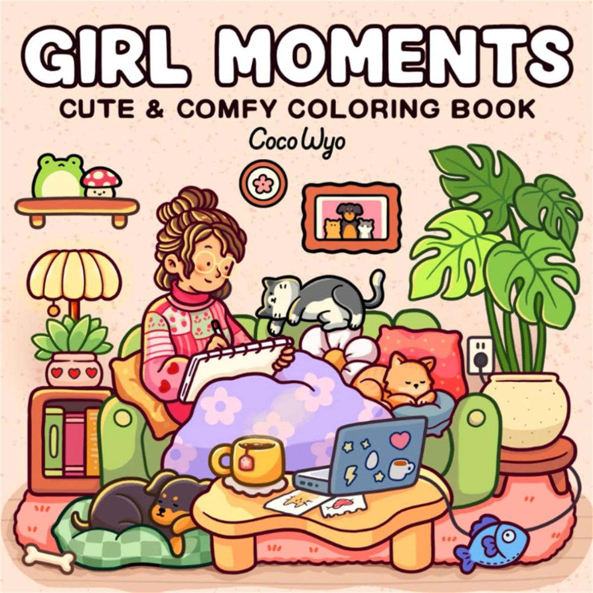A cute coloring book featuring various animals and cozy scenes like a cat, dog, and plants.