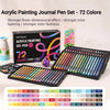 A set of 72 acrylic painting gel pens in various colors displayed next to their packaging and a glass.