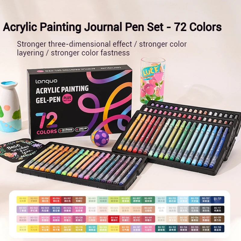 A set of 72 acrylic painting gel pens in various colors displayed next to their packaging and a glass.