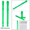 Green recorder flute for kids with a cleaning stick shown in various views and dimensions