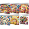 A set of DIY diamond painting birthday cards featuring colorful flower and bird designs on a festive background.