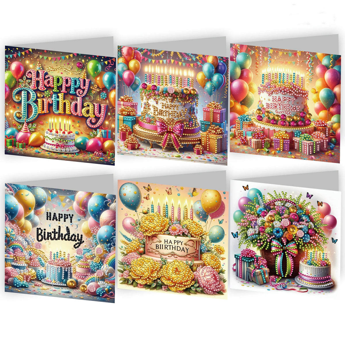 A set of DIY diamond painting birthday cards featuring colorful flower and bird designs on a festive background.