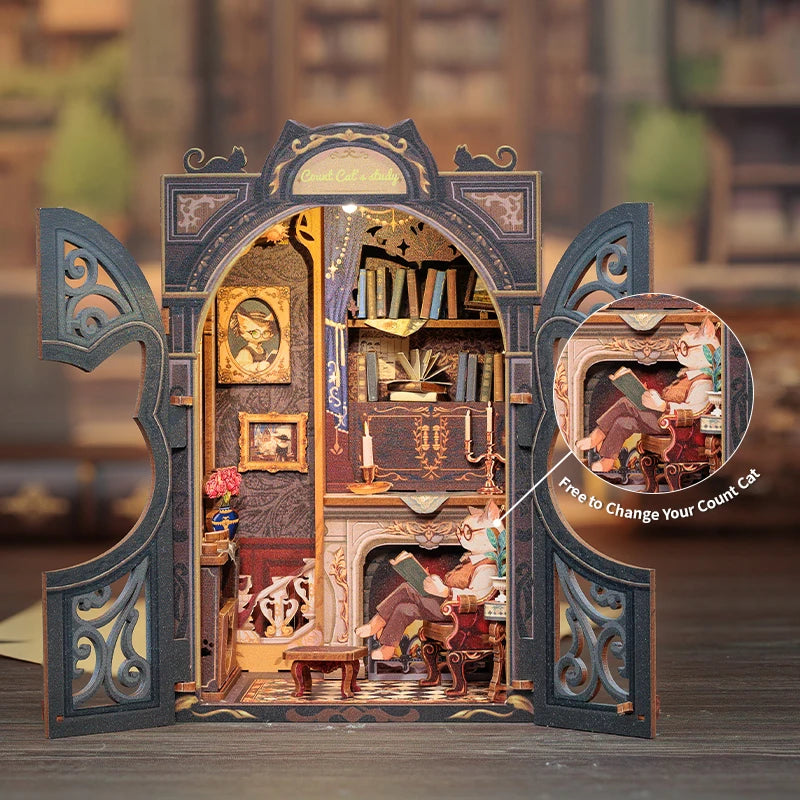 A wooden dollhouse bookshelf insert designed as a study with an arched doorway and interior details.