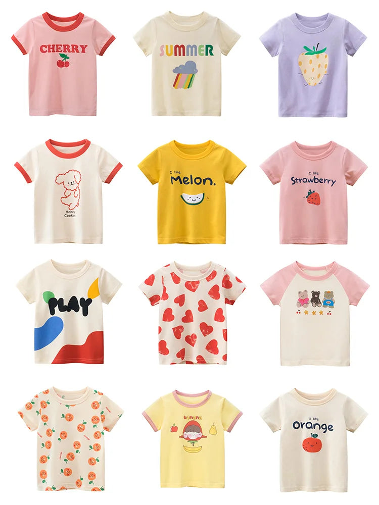 A collection of ten short-sleeve cotton t-shirts for girls featuring various seasonal and fruit prints like cherry, summer, l