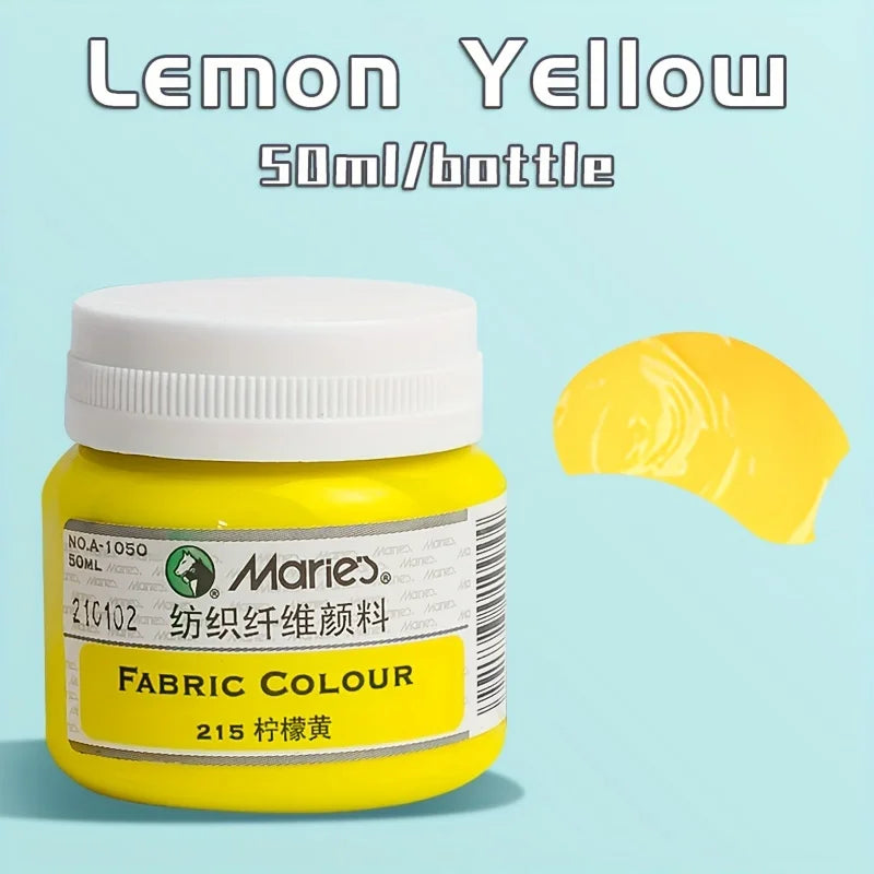 A yellow bottle of Lemon Yellow fabric colour paint, 50ml per bottle, with a swatch of the yellow liquid beside it.