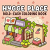 A colorful illustration of a bookstore scene featuring books, plants, and cozy elements for a hygge coloring book.