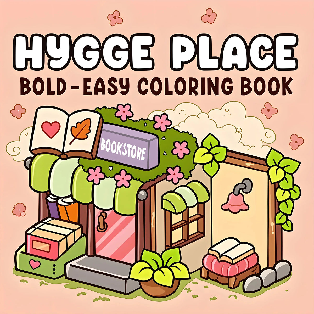 A colorful illustration of a bookstore scene featuring books, plants, and cozy elements for a hygge coloring book.