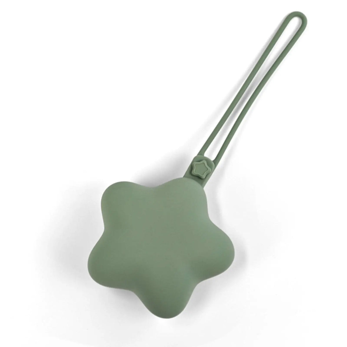 A light green portable pacifier and teether attached to a strap for stroller use.