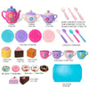 Kids tea party playset featuring a pink kettle, various colored cups, and food items like cookies and cake.