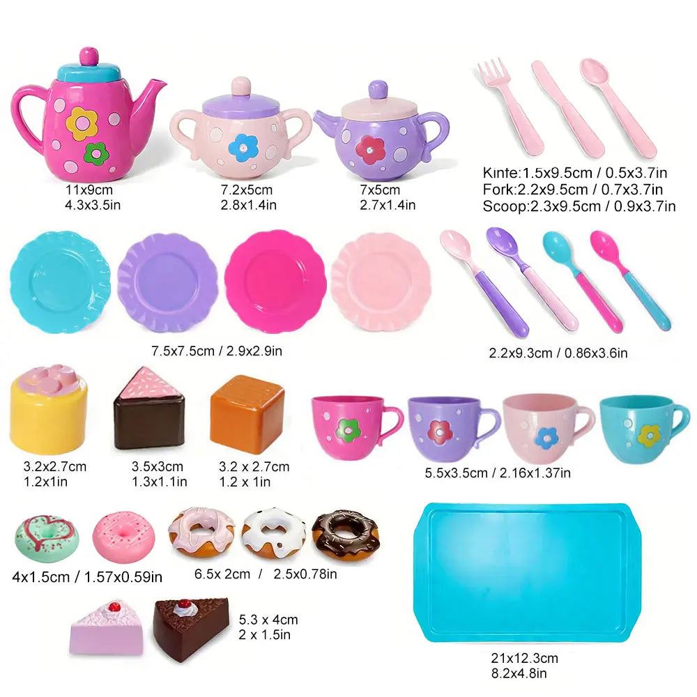 Kids tea party playset featuring a pink kettle, various colored cups, and food items like cookies and cake.