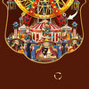 A detailed wooden model kit of a Ferris wheel and amusement park scene featuring figures and buildings.