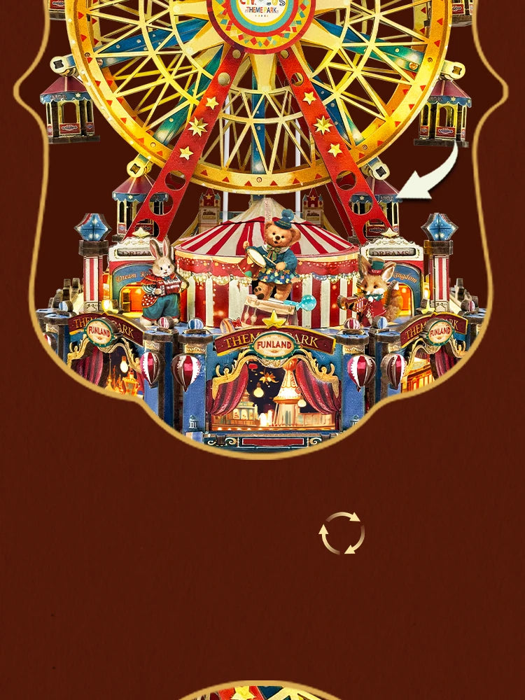 A detailed wooden model kit of a Ferris wheel and amusement park scene featuring figures and buildings.