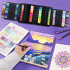 A black dual-tip art marker set is shown next to a sketchbook with colorful watercolor illustrations.