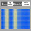 A sheet of round blue and yellow self-adhesive dot labels with a grid pattern.