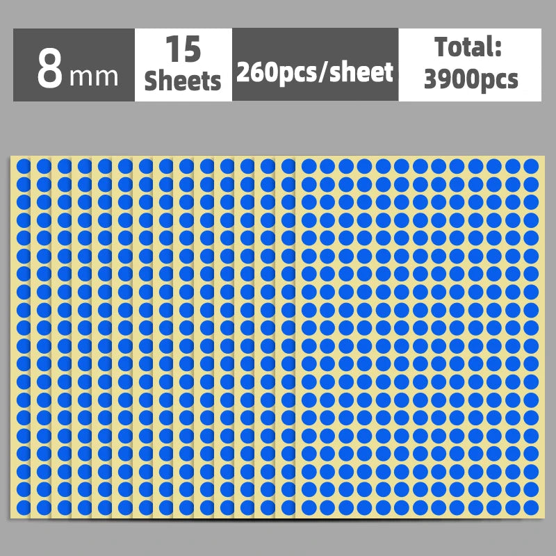 A sheet of round blue and yellow self-adhesive dot labels with a grid pattern.