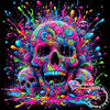 Vibrant diamond painting art featuring a skull with swirling colors and surrounding skulls
