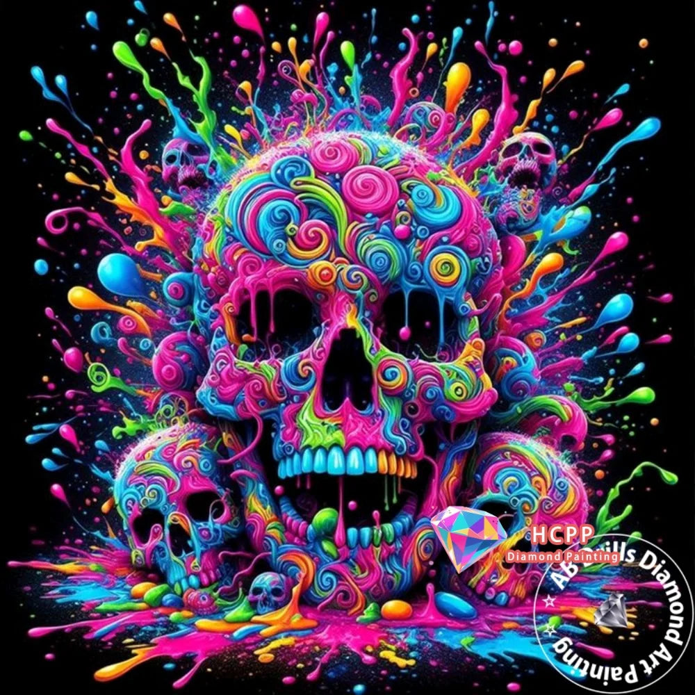 Vibrant diamond painting art featuring a skull with swirling colors and surrounding skulls