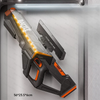 A black and orange futuristic laser gun with a glowing yellow barrel is displayed in a case.
