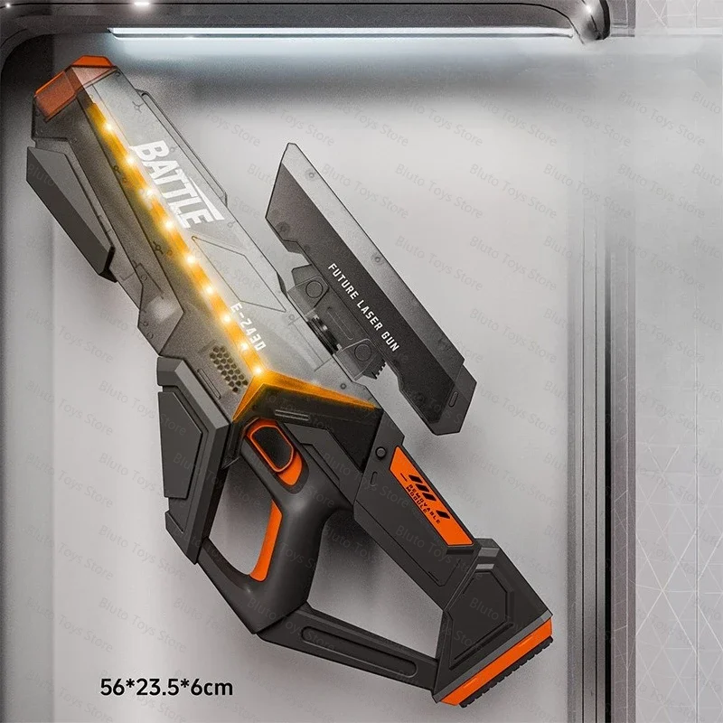A black and orange futuristic laser gun with a glowing yellow barrel is displayed in a case.