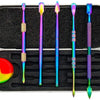 A set of six stainless steel wax carving tools with silicone containers displayed in an open travel case.