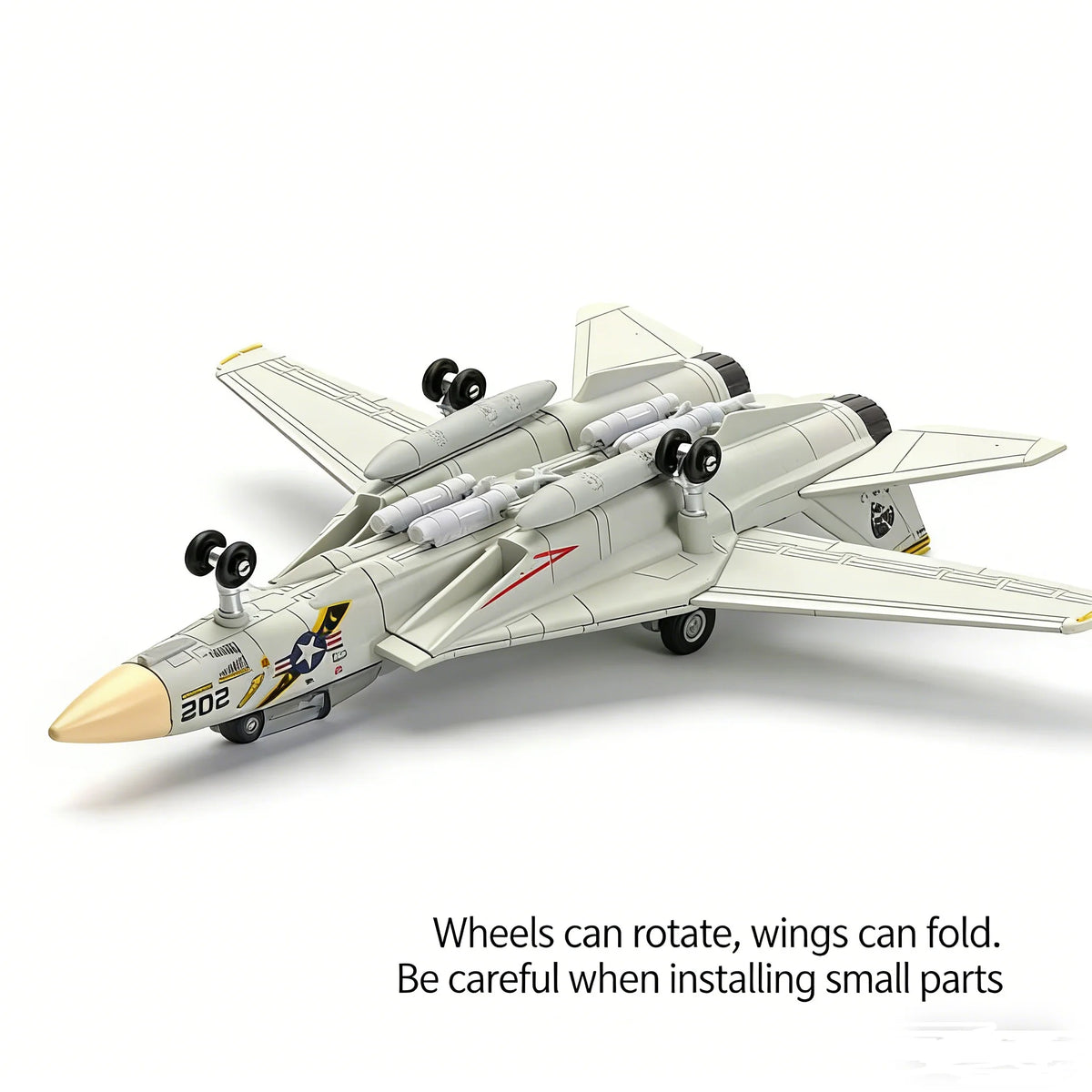 A model kit of a military fighter jet, resembling an F-14 Tomcat or similar aircraft, is shown in a white and gray color sche