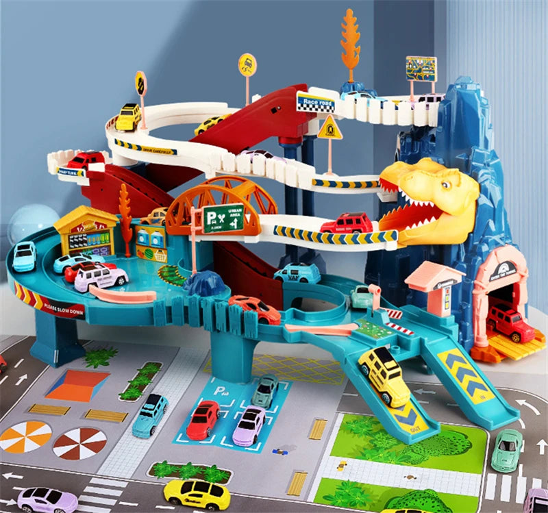 A dinosaur rail car adventure playset featuring a red and yellow track, building elements, and a parking lot area.