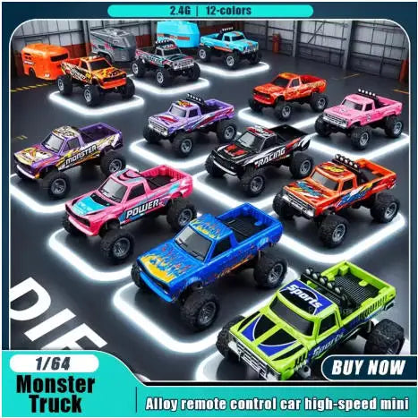 A bright green Monster Truck is shown in a studio setting with various colors and accessories.