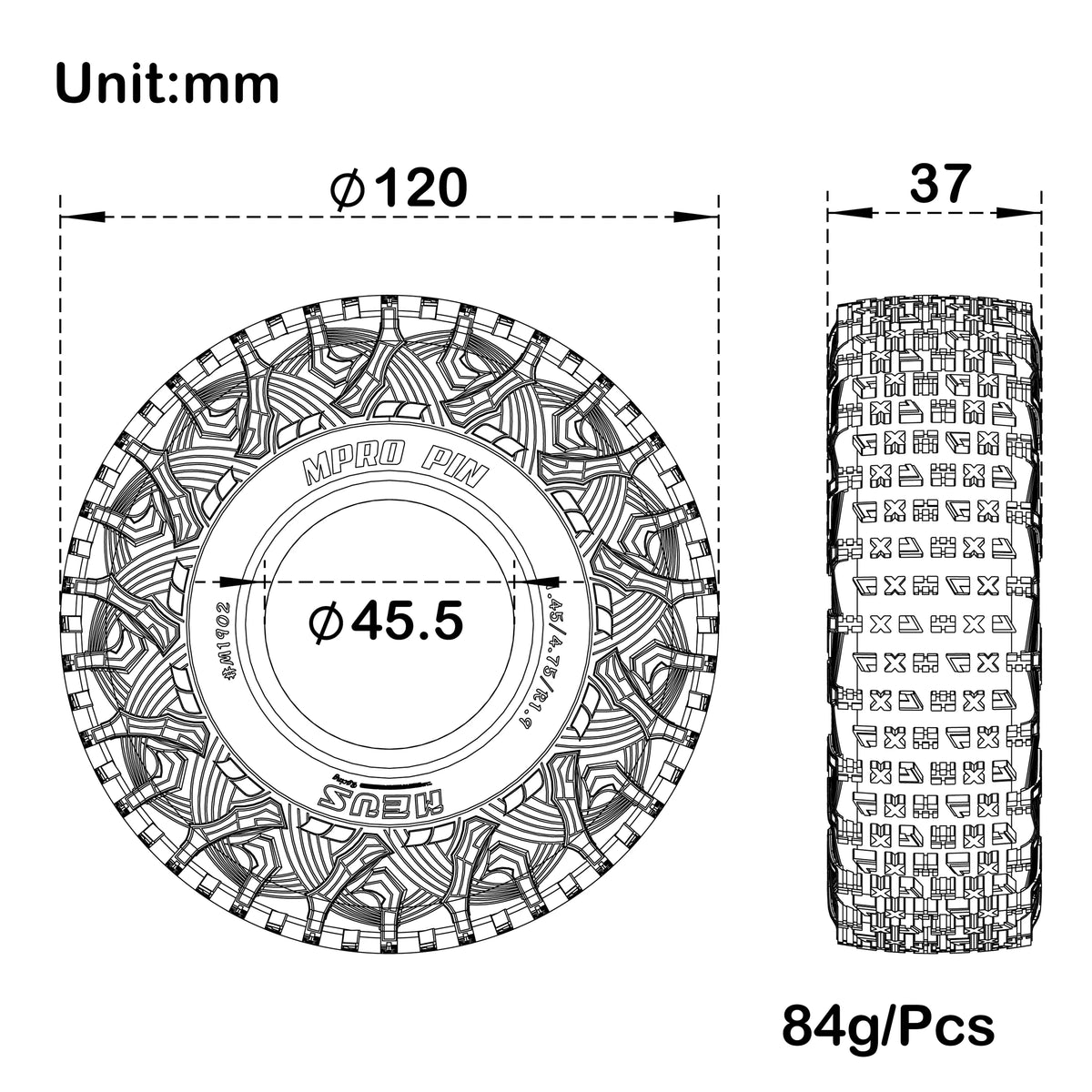 A diagram showing a tire with a diameter of 120mm and a width of 37mm, labeled as 84g/Pcs.