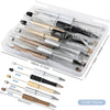 A clear plastic box containing ten DIY beaded ballpoint pen kits with various sizes and finishes.